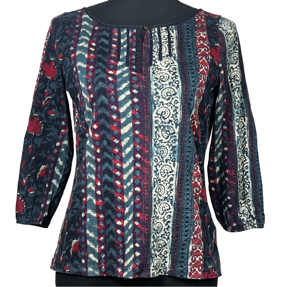 Lauren Ralph Lauren Red and Blue Fitted Graphic Blouse, Size Extra Small